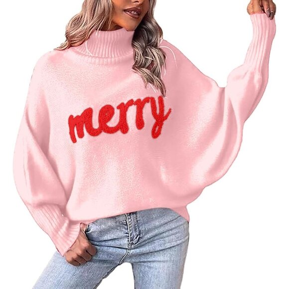 Oversized Christmas Pink Sweater Women 2025 Merry Turtleneck Batwing Sleeve - Picture 2 of 6